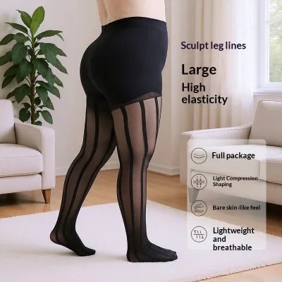 Large Size Vertical Striped Jacquard Tight Sexy Slimming Belly Plus Size Pantyhose Thin Breathable Base Nylon Women Stockings