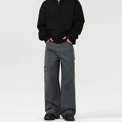 Vintage Wash Cargo Pants Big Pocket Jeans Women's Hip Hop Wide Leg Cargo Floor-length Pants