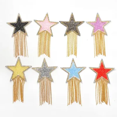 Colorful Star Tassel Design Hot Fix Rhinestone Motif Iron on Patches Heat Transfer Crystal Applique Patches for Dresses Hats
