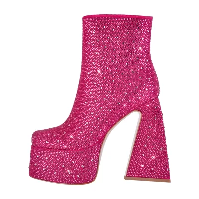 Square Toe Rhinestones Ankle Boots for Women Comfortable Chunky Heels PU Shoes
