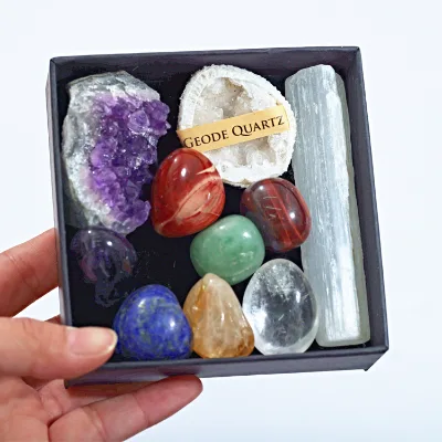 High Quality Factory Carved 7 Chakra Quartz With Selenite Meditation Stones 7-piece Engraved Home Decoration Set