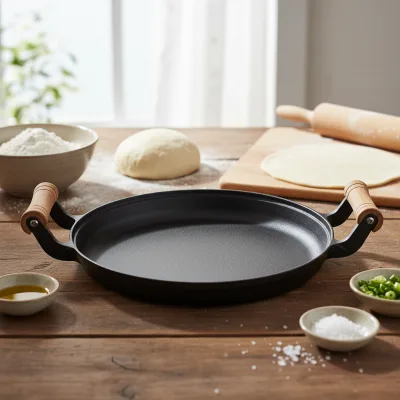 Cast-Iron Metal Pan with Wood Handle Eco-Friendly Durable Easy-Cleaning Vegetable Oil Coated for Gas & Induction Stoves