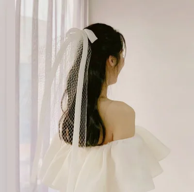 V118#Mesh Bow-Ribbon Bridal Veil Short Travel Photography Wedding Veil Small Korean Style Wedding Veil