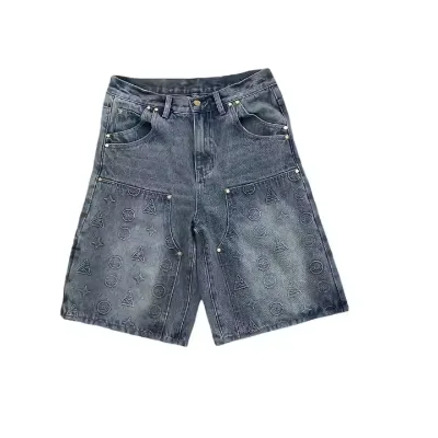 Custom Logo Men's Vintage Denim Mid Casual Straight Jeans Oversized Baggy Summer Streetwear Embossed Distressed Washed Technique