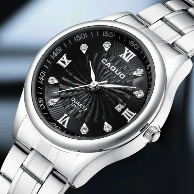 Waterproof Quartz Couple Watch with Date Window, Stainless Steel Adjustable Bracelet Wristwatch for Men and Women