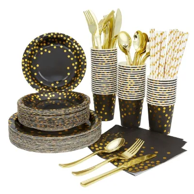 Bronzing Black Polka Dot Tableware Thickened Paper Cup Party Decoration Supplies Golden Knife Fork Spoon Paper Towel