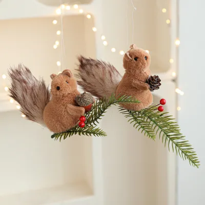 Plush Squirrel Pendant Pine Cone Branch Cartoon Doll Christmas Tree Decoration Desktop Ornament Hanging Stock