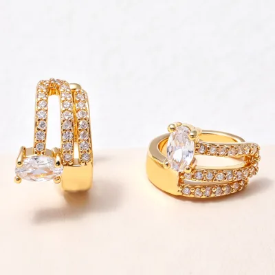Women's 18K Real Gold Pure Copper-plated Two-tone Ear Cuff Sparkling Rhinestones Three-layer Design Vintage