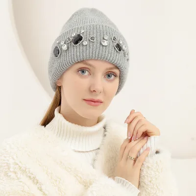 2025 New Wholesale Winter Rabbit Hair Handmade Custom Colored Diamond High Quality Warm Ladies Knitted Cap