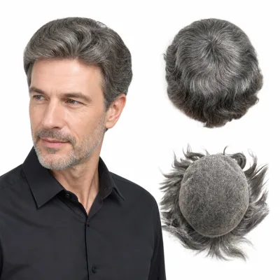 Cheap Full Lace Toupee for Men Human Hair Salt and Pepper Grey Natural Wave Hair System Natural Crown Hair Replacement Piece