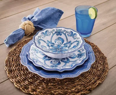 European Luxury Melamine Dinnerware Set Blue Floral Rim Plate Dishwasher Safe for Home or Wedding Use for Restaurants