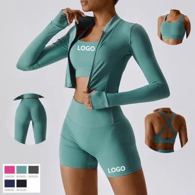 Women 3 Pcs Yoga Set Zipper Activewear Suit Bra Shorts Leggings Seamless Sportswear Fitness Workout Gym Clothing With Thumbhole