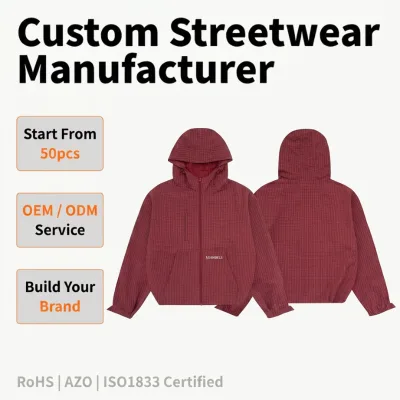 Custom Logo Letter Embroidery Process Plaid Hooded Zip Jacket Retro Oversized Loose Burgundy Checkered Streetwear Jacket for Men