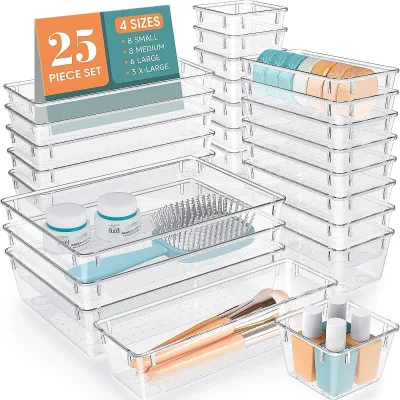 Desktop Drawer Organizer Stationery Clutter Organizer Cosmetics PET Transparent Storage Divider Box