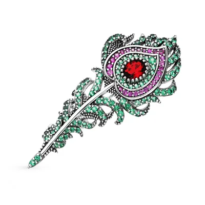 Wholesale S925 Silver Zirconia Feather Plume Brooches with Elegant Retro Fine Jewelry Gown Accessory Pins for Women