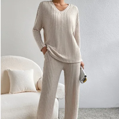 Women's Fashion Solid Color Summer Two Piece Set Long Sleeve V-Neck Top and Casual Straight Pants Hot Sale