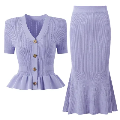 Women Knit Set A-Line Simple Maxi Skirt European American Style Diamond Button V Neck Short Sleeve