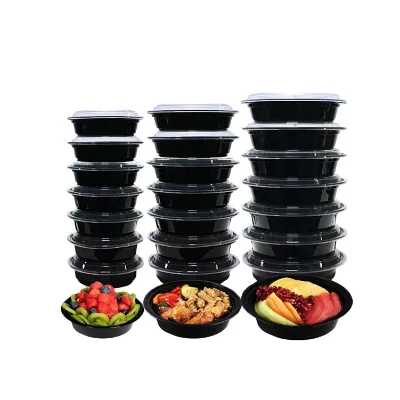 Disposable Noodle Soup Bowl Take Out Food Packaging Plastic Bowl 24oz 38oz 32oz to Go Black Salad Bowl with clear Lid