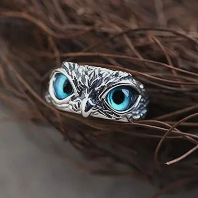 Adjustable Blue Eyes Owl Ring Silver Color for Cute Men and Women Engagement Wedding Rings Jewelry