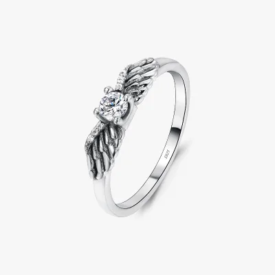 Retro Angle Wings Rings 925 Sterling Silver Dazzling Clear CZ Platinum Plated Vintage Wedding Rings for Women Girls Party Fine