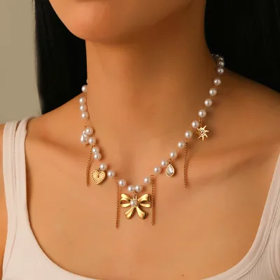 European American Niche Bow Charm for Pendant Exquisite Small Pearl Necklace Stainless Steel Delicate Fashion Jewelry Necklace