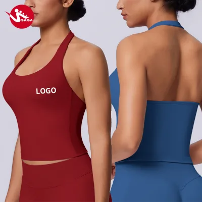 Professional Sample Service Halter Neck Criss-cross Back Knitted Knitwear Push up Gathered Breathable High Impact Yoga Vest