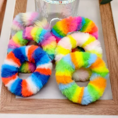 2025 Wholesale Plush Rainbow Scrunchies Hair Ties Autumn and Winter Elastic Rubber Band Rabbit Fur Hair Accessories