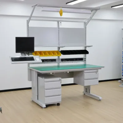 Detall Industrial ESD Workstation Steel Frame, White Laminate Top, Anti-Static Grounding System