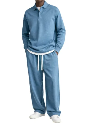 Mens Casual Two Piece Set Long Sleeve Polo Top and Drawstring Loose Wide Leg Pants Solid Tracksuit Outfit