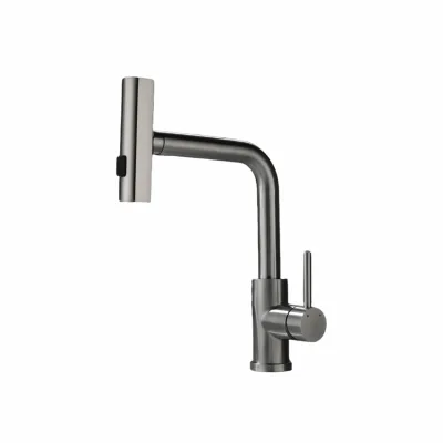 Brushed Nickel Pull Out Kitchen Faucet Single Hole L-Shape High Neck Square Spray Head Slim Lever 2 Function Kitchen Tap