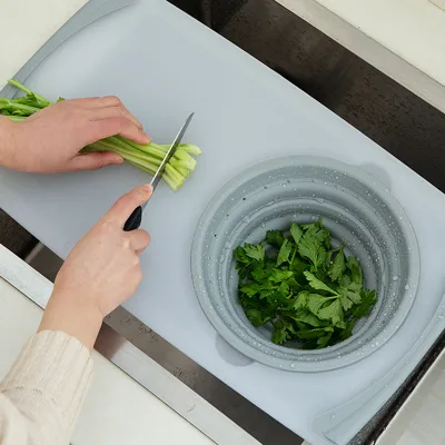2-in-1 Over the Sink Cutting Board with Colander Kitchen Plastic Strainer Chopping Board and Strainer