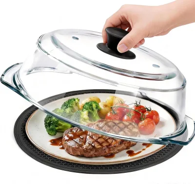 Glass Microwave Splatter Cover for Food with Microwave Place Mat Sturdy Plate Guard Lid with Vent Holes Easy-Grip Handle