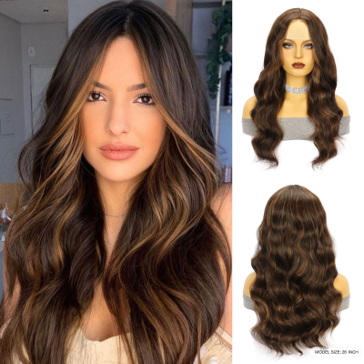 New Brown Long Straight Hair with Big Waves, Long Curly Hair, Synthetic Front Lace, Women's Wig, Headband, Small Stock