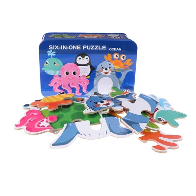Premium Custom 6in1 Ocean Animal Jigsaw Puzzle Rotary Die Cut Birch Plywood Glossy Varnish Coating OEM Wholesale Family Fun Game