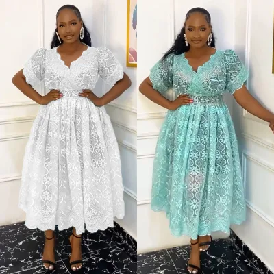 New Summer Casual Women's Plus Size African Mesh Embroidered Dress Cross-Border Trade V-Neck Lace Silk
