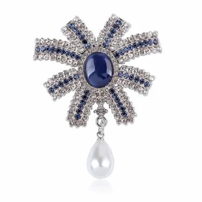French Vintage Pearl Brooches Alloy InlaidBlue Rhinestone Bowknot Brooch Pin for Women Wedding Party Dress Clothing Accessories