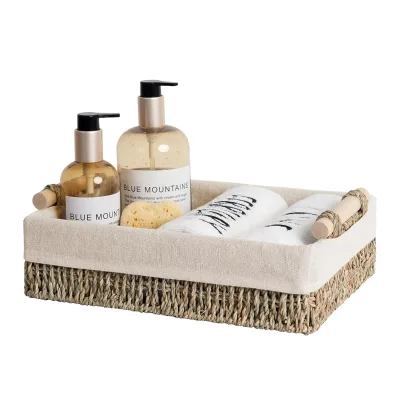 Modern Design Toilet Paper Storage Baskets for Organizing, Handwoven Seagrass Basket, Toilet Tank Baskets with Wooden Handles