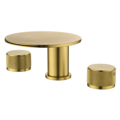 Gold Tone Widespread Bathroom Faucet Three Hole Round Disc Slot Spout Knurled Cylinder Handles Deck Mount Modern