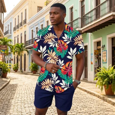 Men Tropical Print Short Set Cuban Collar Shirt Outfits Bulk Custom Beachwear Wholesale Manufacturer Miami Festival Wear 2027