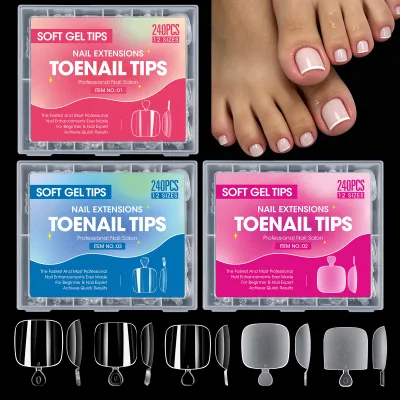 High Quality 240Pcs Soft Gel Toenail Tips 12 Size Pre-shaped No File Full Cover Toe Nail Tips for Nail Salon Foot Nail Extension
