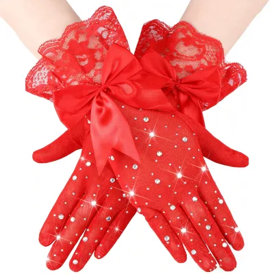 HZS-26003 Ladies Wedding Halloween Party Costume Accessories Sexy Black White Rhinestone Lace Gloves for Women