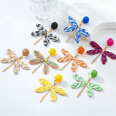 Bohemian Raffia Colorful Summer Drop Earrings Creative Fresh Dragonfly Dangle Studs Hand-Woven Trendy Vacation Style