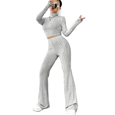 Women's New Fashion Casual Knit 2-Piece Set Solid Color Stand Collar Long Sleeve Tops Long Pants for Spring Autumn Daily Use