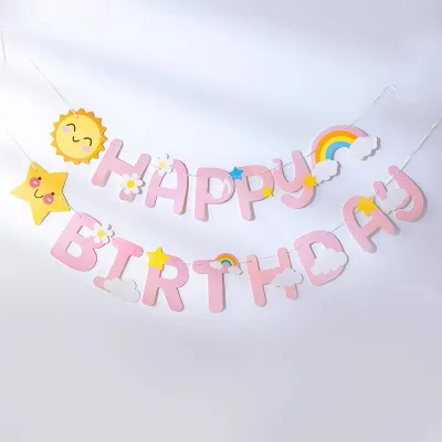 Birthday Happy Party Banner Rainbow Clouds "Happy Birthday" Star Sun Moon Fabric Birthday Hanging Banner Garland