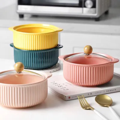 Modern Large Household Ceramic Tableware Double Ears Lid Soup Noodle Pot Single Cooking Basin Bowl for Soup Baking Bowl Pot
