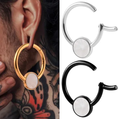 Evorte Stylish Hoop Ear Weights White MOP Exaggerate Earrings Stainless Steel Stretching Plugs Body Piercing Jewelry