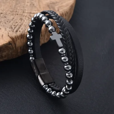 Custom Logo Men Natural Stone Bead Stainless Steel Clasp Black Genuine Leather Braided Double Layer Bracelet