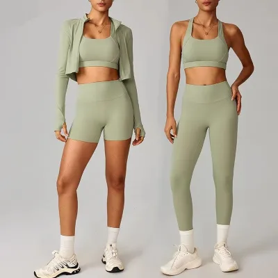Three-piece Solid Front Logo Set for Women Yoga Top Bra and Pants with Sweat-Wicking for Sports and Fitness