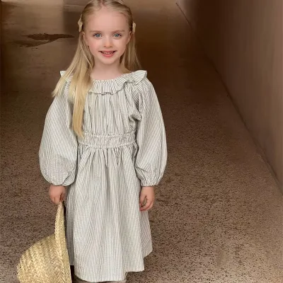 Autumn Korean Version Girls' Stripe Dress with Lace Neck Button Decoration Retro Lolita Style Crepe Girl's Dress