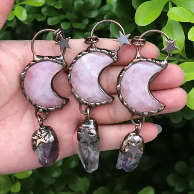 Antique Rose Gold Plated Brass Pendant Necklace Moon Pink Crystal Pendant with Amethyst Quartz Drop Rose Quartz Crystal Jewelry